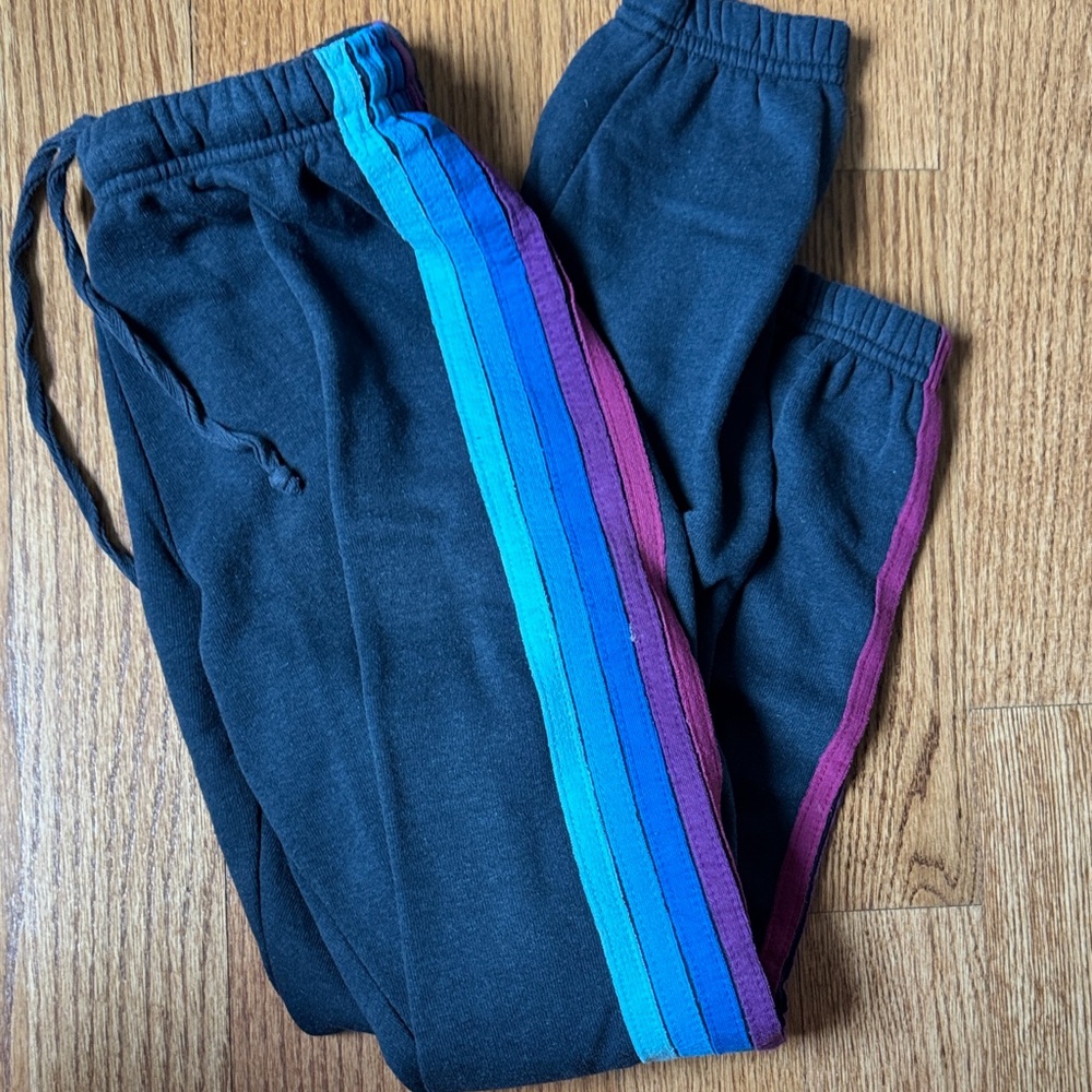 Aviator Nation women’s XS Black Joggers with Blue and Purple Stripes